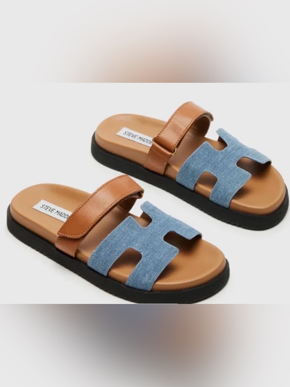 Steve Madden “Mayven” Light Blue Denim and Tan Leather Slide Sandals